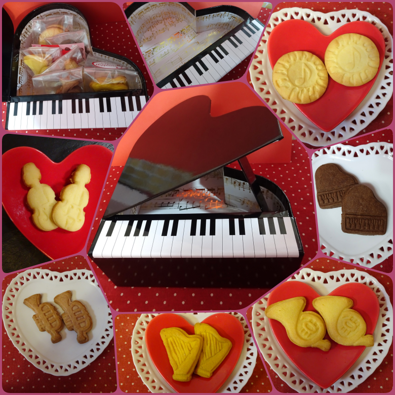 グランドピアノ型の貼り箱に音符と楽器のクッキー6種類
