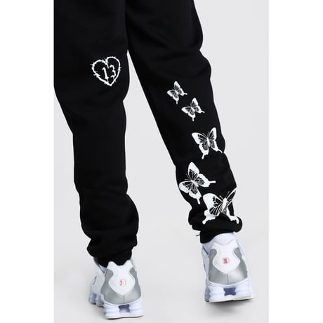 BOOHOO /Art Print SweatPants Washed BLACK  (set up)