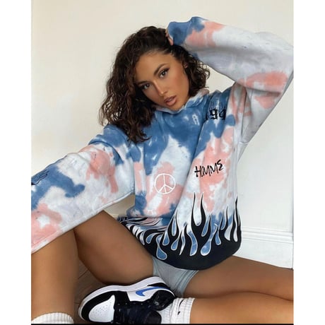 BOOHOO /Flame print tie die hoodie "BLUE"