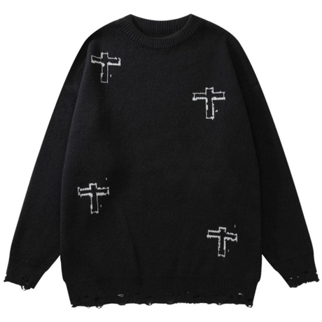 Mismatch NYC/ Cross Damage Knit  BLACK
