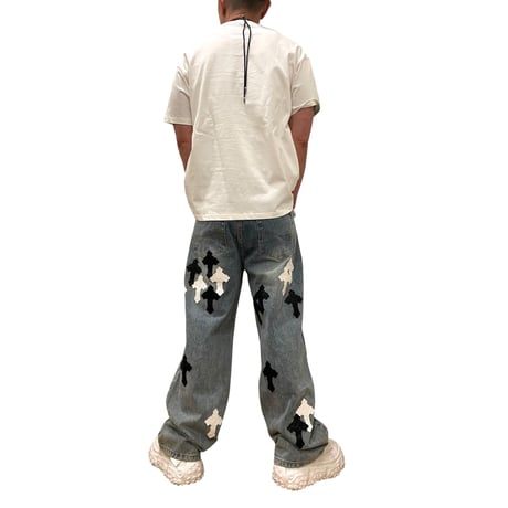 Mismatch NYC/ Leather Cross Patch Wide Denim (BLUE)