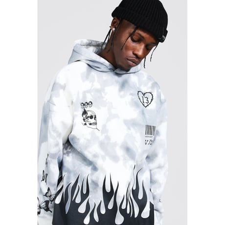 BOOHOO /Flame print tie die hoodie "white"