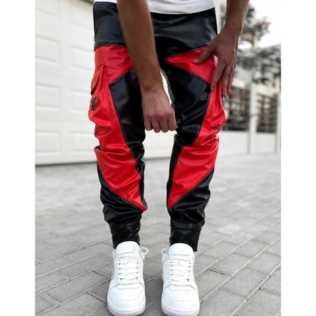 GUAPI/ Obsidian BLACK RED Leather Cargo pants V2