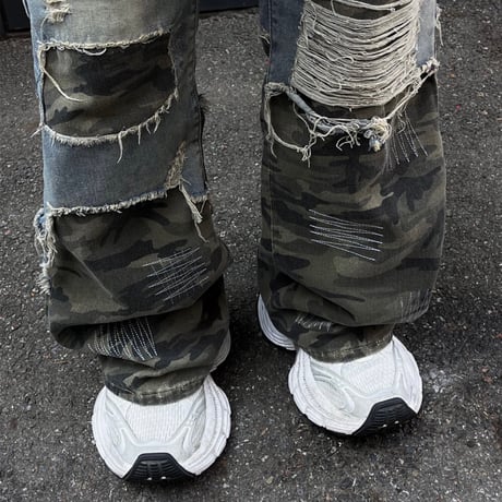 SUBLIMATION/ Camo damaged wide denim