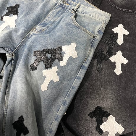 Mismatch NYC/ Leather Cross Patch Wide Denim (BLUE)