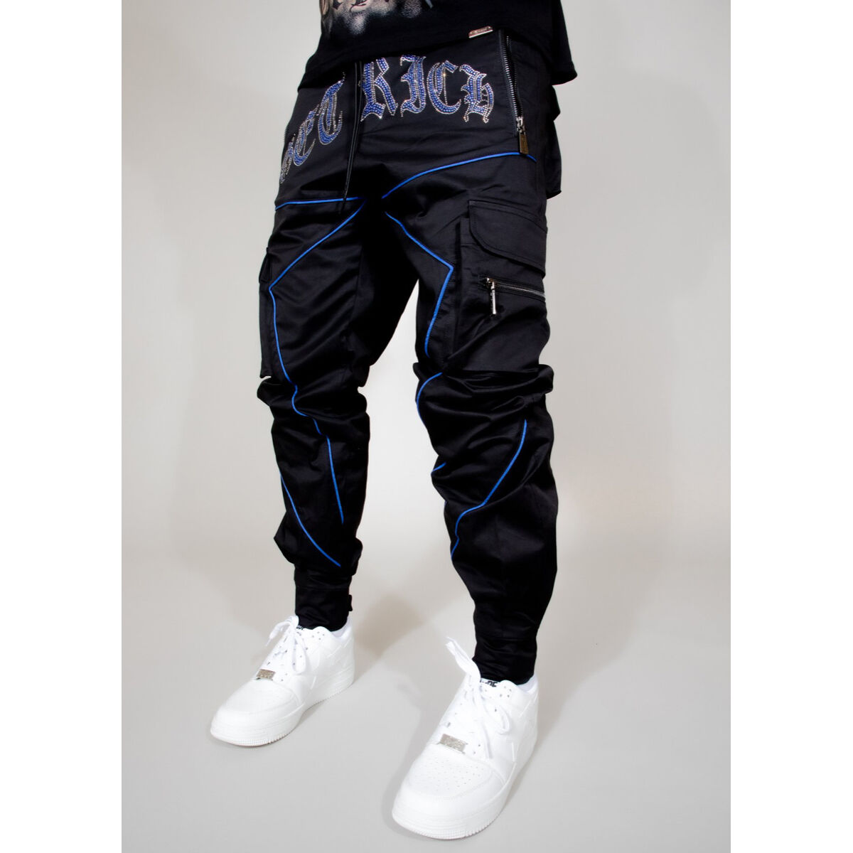 フリンジ加工 黒パンツ ラッパー guapi amiri GUAPI/ BLACK ”GET RICH” Cargo pants | BINGOSTAR