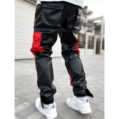 GUAPI/ Obsidian BLACK RED Leather Cargo pants V2