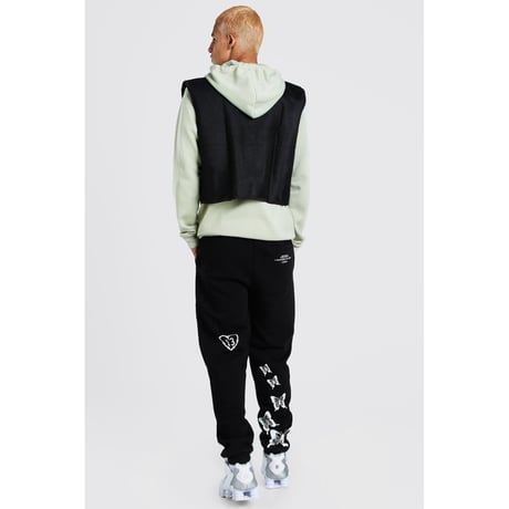 BOOHOO /Art Print SweatPants Washed BLACK  (set up)