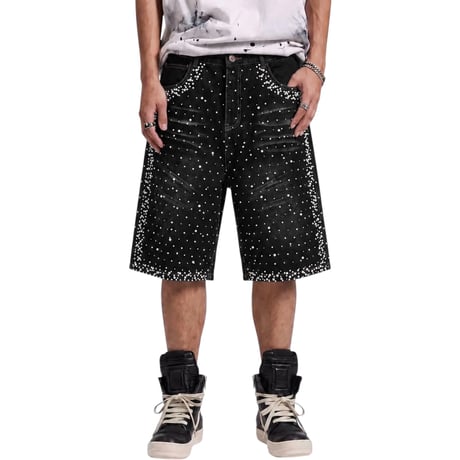 Mismatch NYC/BLACK Rhinestone Denim  Shorts