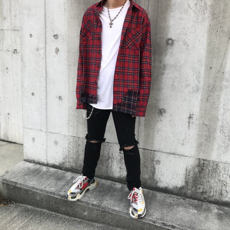 BLACK BLOND/Layered check shirts RED