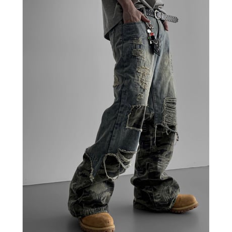 SUBLIMATION/ Camo damaged wide denim