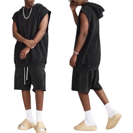 Mismatch NYC/Washed Cut OFF Hoodie  "BLACK"