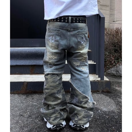 SUBLIMATION/ Camo damaged wide denim