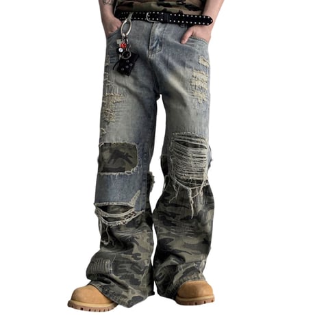 SUBLIMATION/ Camo damaged wide denim