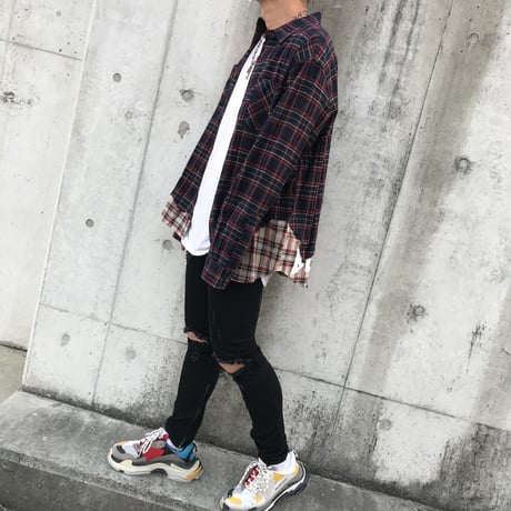 BLACK BLOND/Layered check shirts NAVY