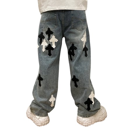 Mismatch NYC/ Leather Cross Patch Wide Denim (BLUE)