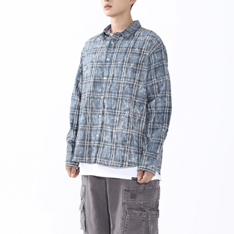 SAINT PAIN/ Flannel Checked Over Dyed Shirts "BLUE"