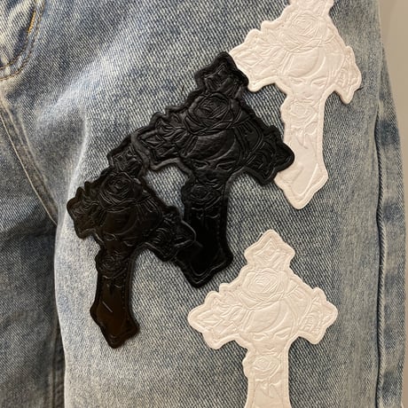 Mismatch NYC/ Leather Cross Patch Wide Denim (BLUE)