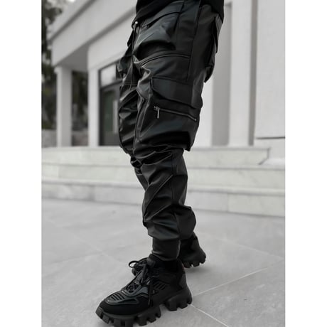 GUAPI/ Obsidian BLACK  Leather Cargo pants