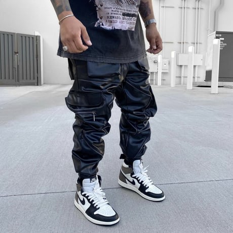 GUAPI/ Obsidian BLACK  Leather Cargo pants