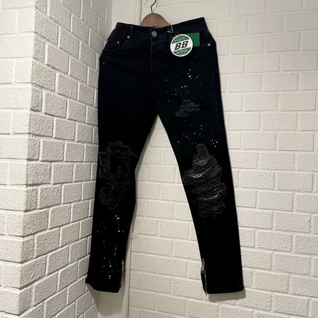 BOOHOO /BANDANA damege  denim pants "BLACK"