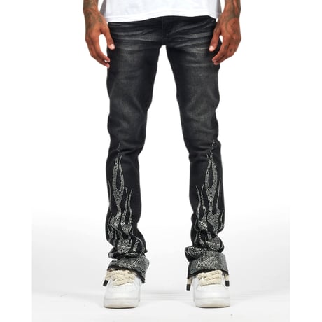 RockStar Original / Flame Rhinestone Flare denim "Wash Black"