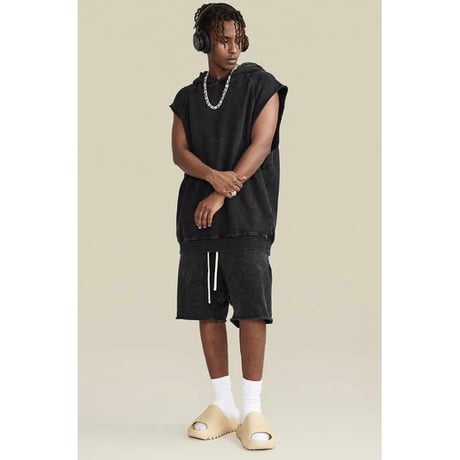Mismatch NYC/Washed Cut OFF Hoodie  "BLACK"