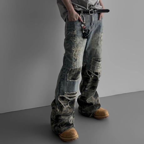SUBLIMATION/ Camo damaged wide denim