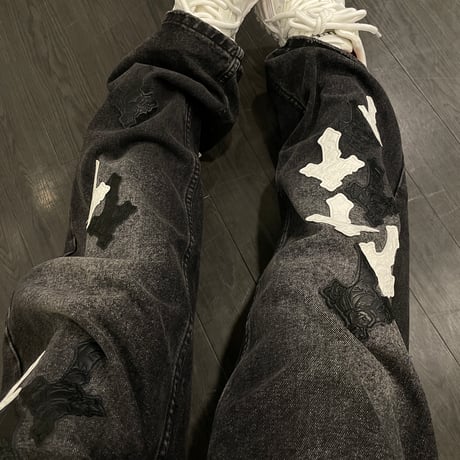 Mismatch NYC/ Leather Cross Patch Wide Denim (Wash Black)