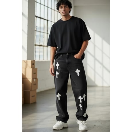 Mismatch NYC/ Leather Cross Patch Wide Denim (Wash Black)