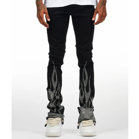 RockStar Original / Flame Rhinestone Flare denim "BLACK"