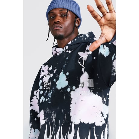 BOOHOO /Flame print tie die hoodie "Bleach BLACK"