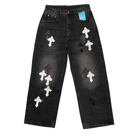 Mismatch NYC/ Leather Cross Patch Wide Denim (Wash Black)