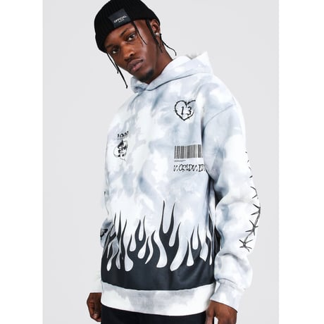 BOOHOO /Flame print tie die hoodie "white"