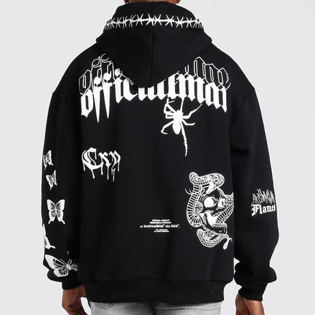 BOOHOO /Art Print Hoodie Washed BLACK