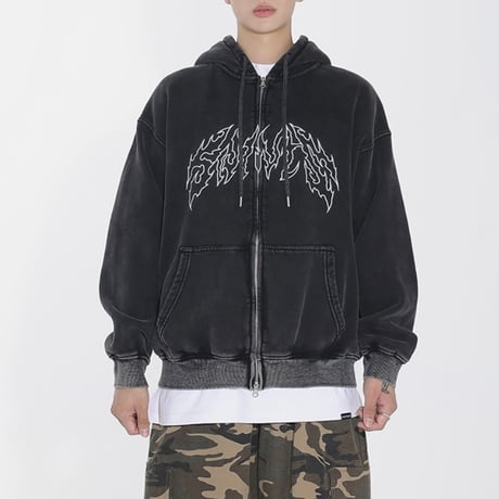 SAINT PAIN/Metal Logo wash Zip hoodie