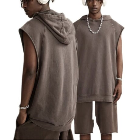 Mismatch NYC/Washed Cut OFF Hoodie  "BROWN"