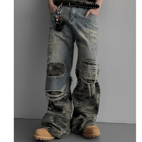 SUBLIMATION/ Camo damaged wide denim