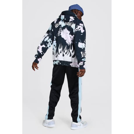 BOOHOO /Flame print tie die hoodie "Bleach BLACK"