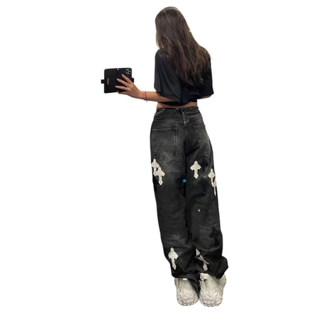 Mismatch NYC/ Leather Cross Patch Wide Denim (Wash Black)