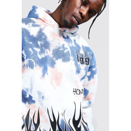 BOOHOO /Flame print tie die hoodie "BLUE"