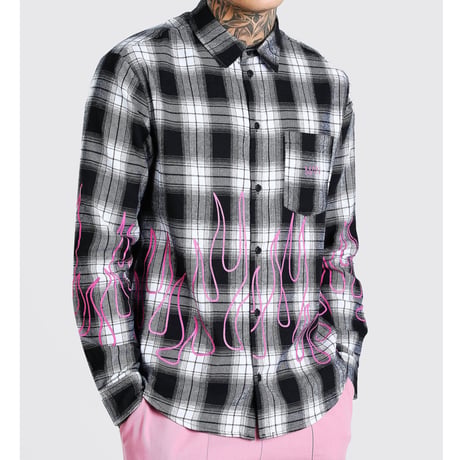 BOOHOO /Flame Check shirts　Black