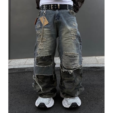 SUBLIMATION/ Camo damaged wide denim