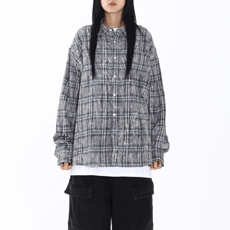 SAINT PAIN/ Flannel Checked Over Dyed Shirts "GRAY"
