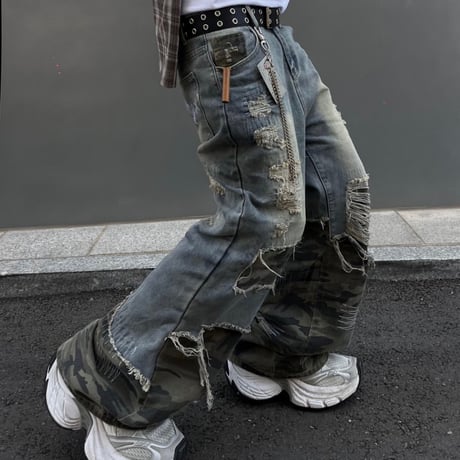 SUBLIMATION/ Camo damaged wide denim