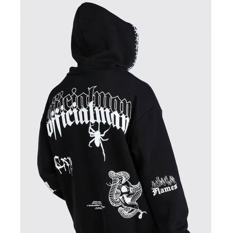 BOOHOO /Art Print Hoodie Washed BLACK
