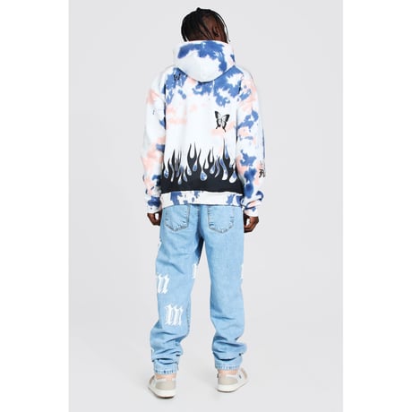 BOOHOO /Flame print tie die hoodie "BLUE"