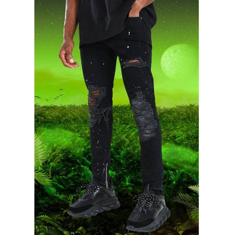 BOOHOO /BANDANA damege  denim pants "BLACK"