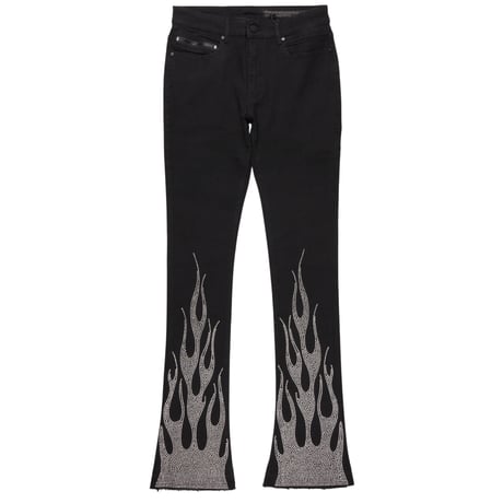 RockStar Original / Flame Rhinestone Flare denim "BLACK"