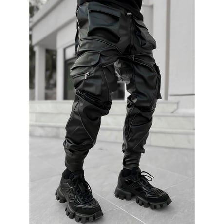 GUAPI/ Obsidian BLACK  Leather Cargo pants